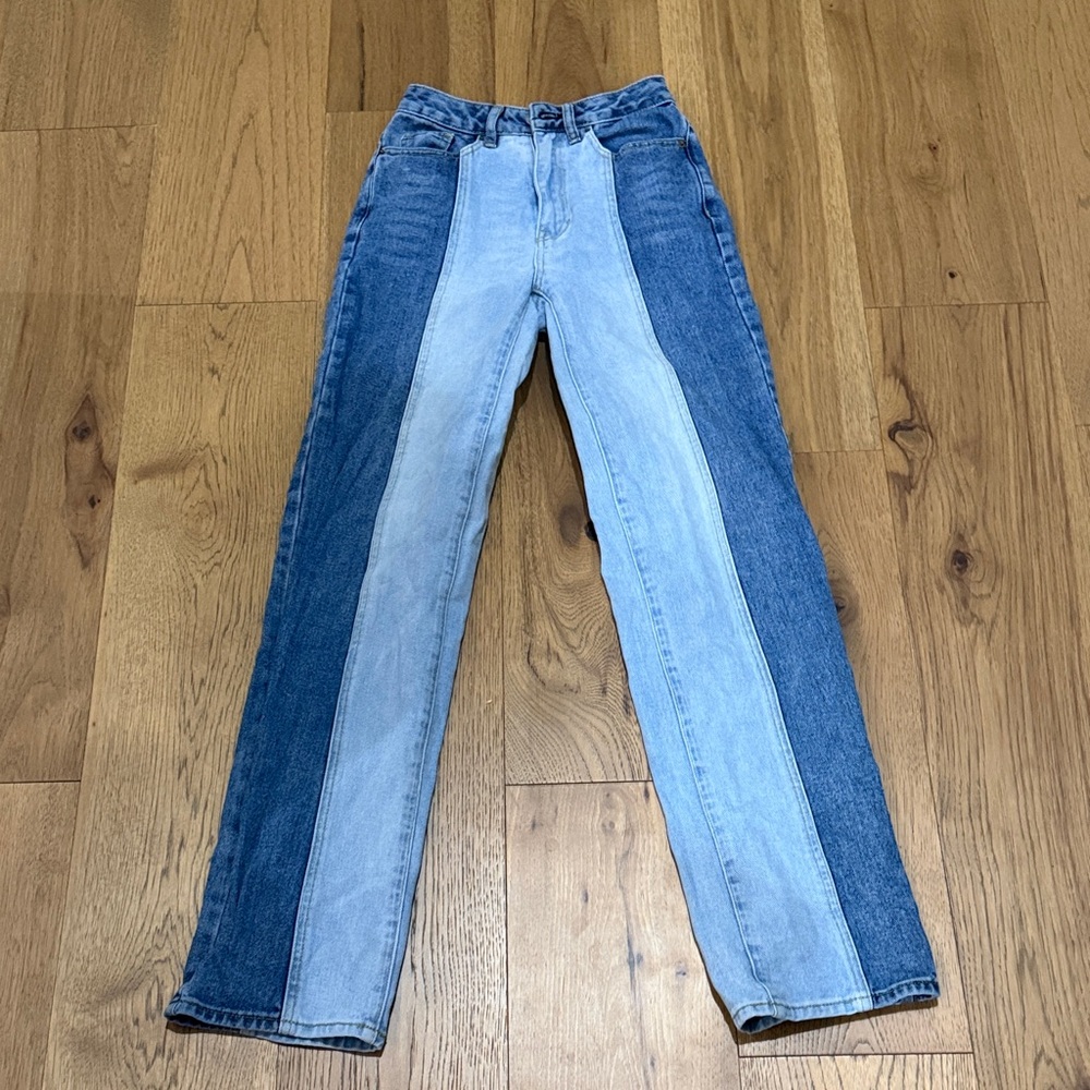 PacSun Women's Two-Tone Panel Straight Jeans in Light & Dark Blue